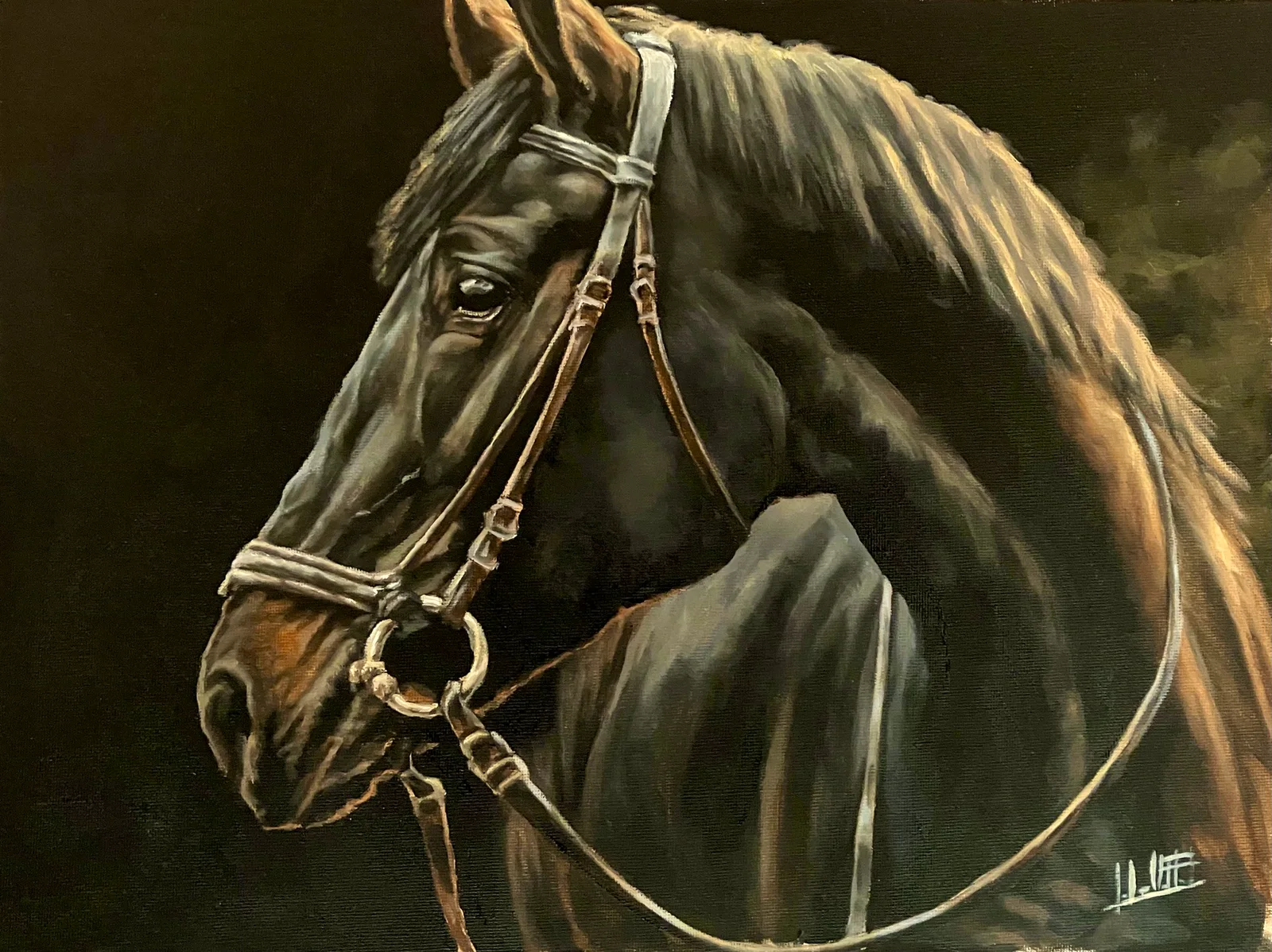 Gilded Stallion, an original landscape-format acrylic horse portrait with warm gold light.