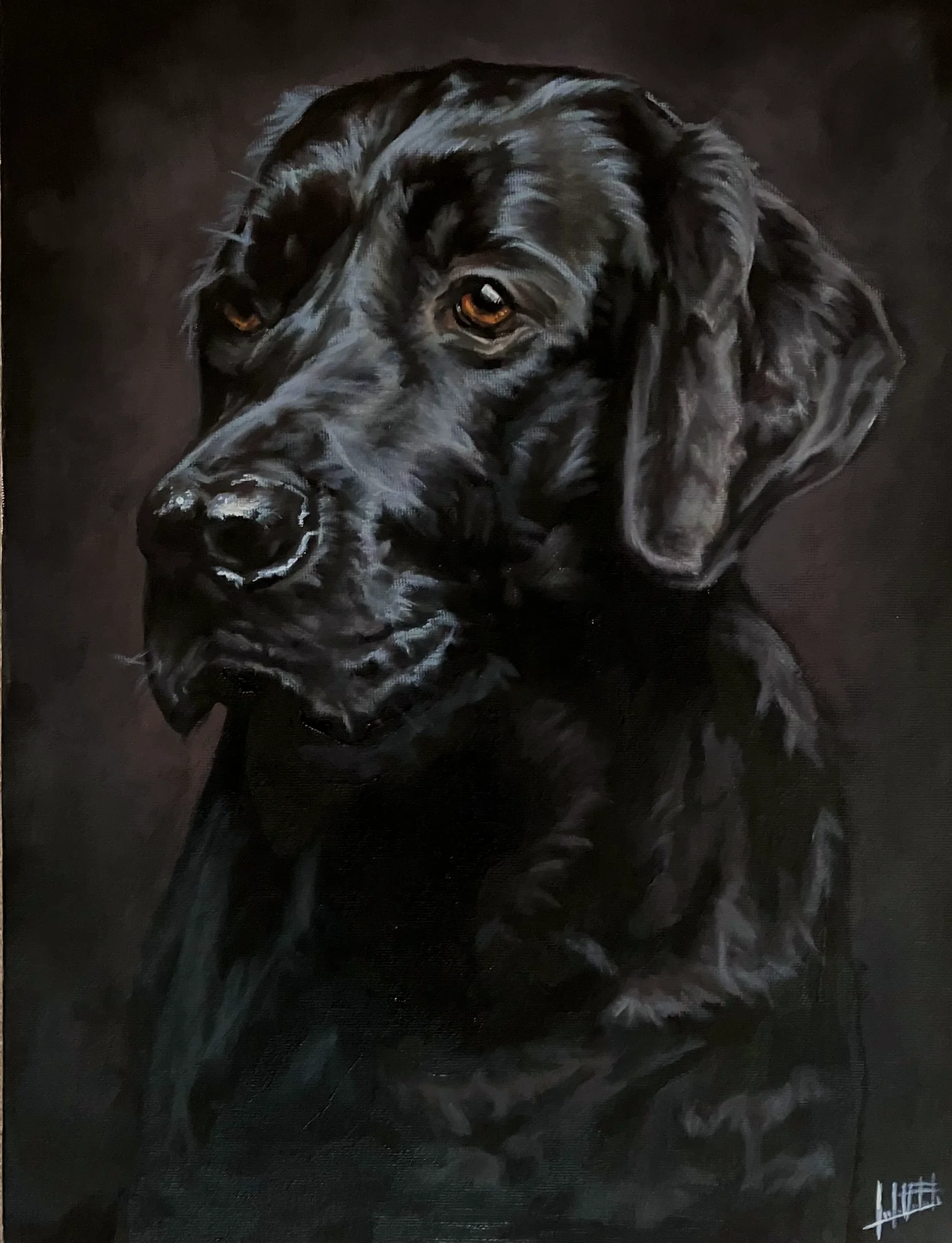 Jet, an original acrylic portrait of a black dog with warm amber eyes.